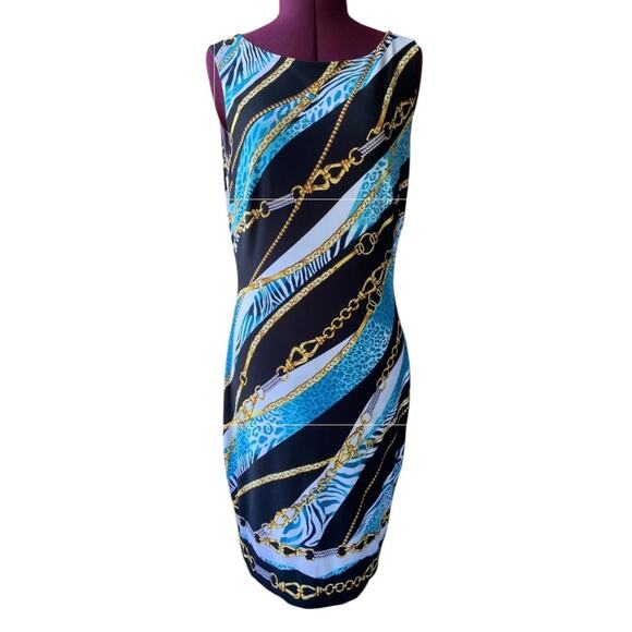 CACHE Size 12 Blue Blk Gold Chain Cheetah Print Fitt Dress Lined Sleeveless Sexy - Picture 1 of 8